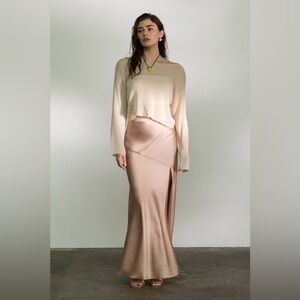106B. Satin Asymmetrical Side Slit Midi Skirt - Blush